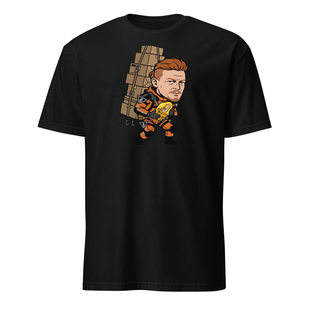 Overworked Courier Parcel Tower Delivery Tee — black front view