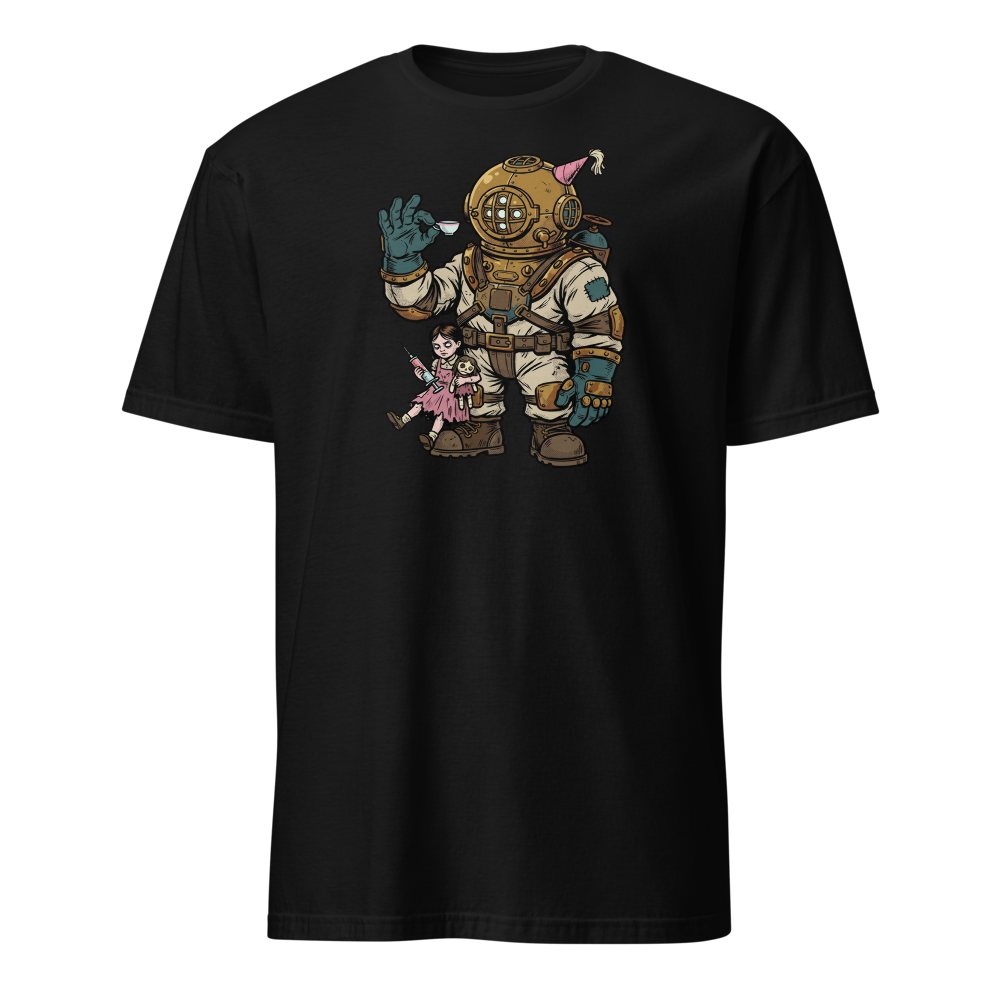 Deep Sea Diver Tea Party Comic Ink Graphic Tee — black front view