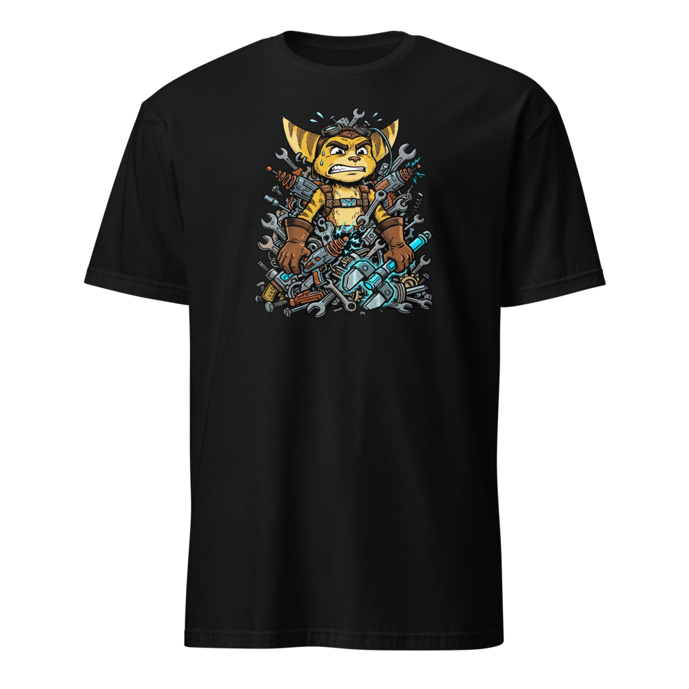 Overwhelmed Space Mechanic Wrench Pile Comic Tee — black front view