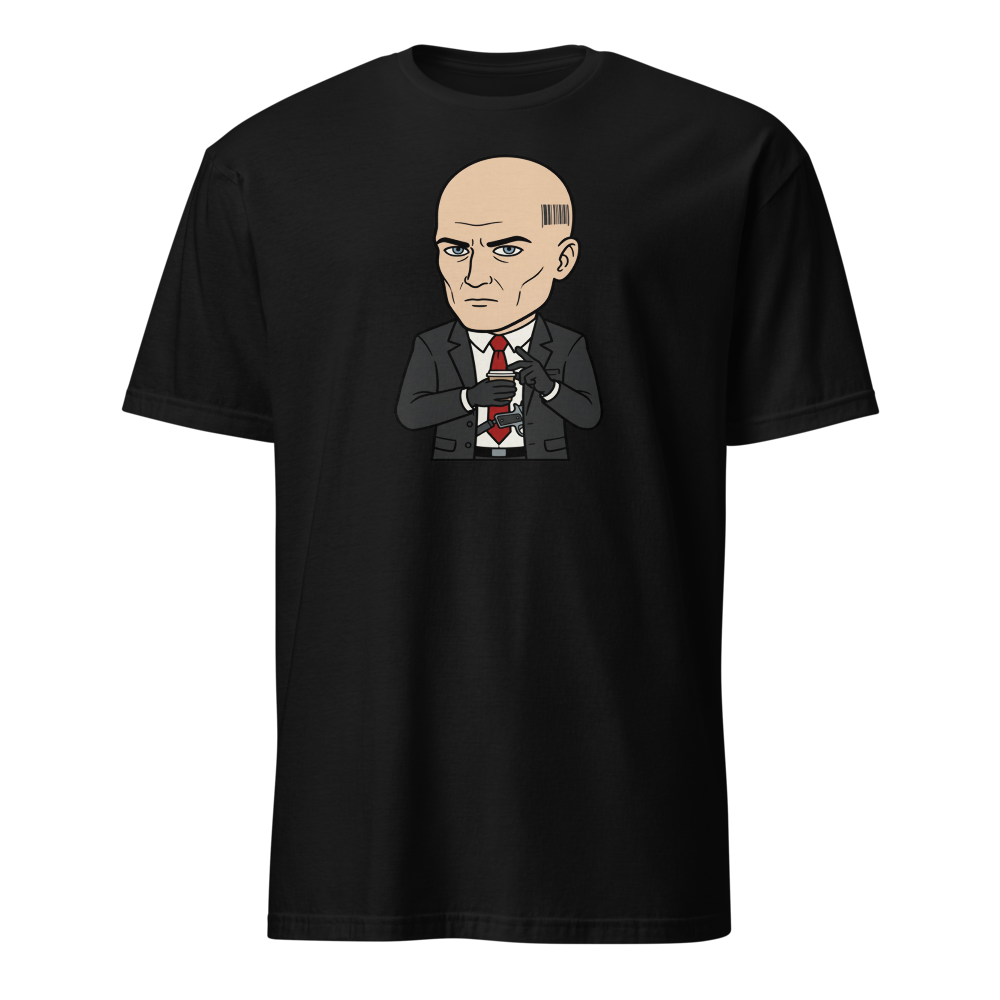 Deadpan Bald Assassin Cappuccino Order Tee — black front view