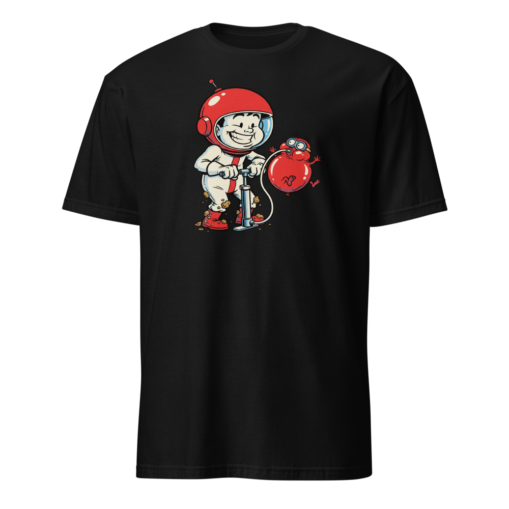 Retro Arcade Pump Clown Comic Ink Graphic Tee — black front view