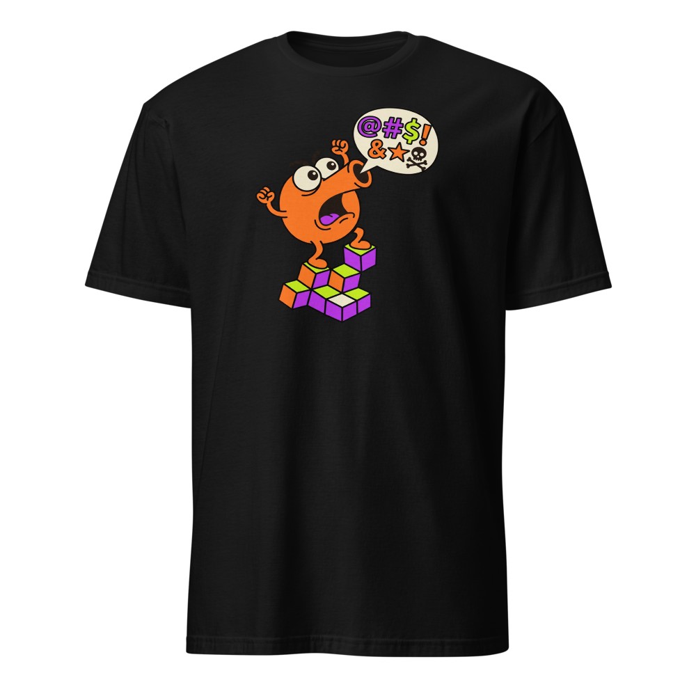 Rage Quit Arcade Gremlin Retro Cube Pyramid Tee — black front view