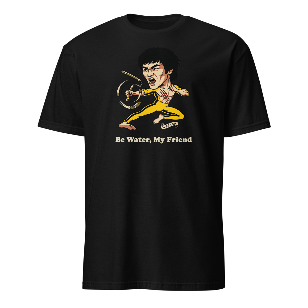 Flying Kick Kung Fu Master Tattoo Flash Tee — black front view