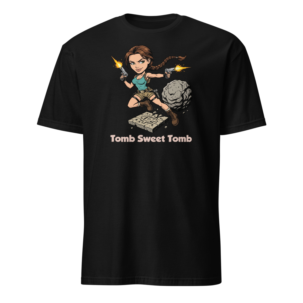 Tomb Sweet Tomb Action Heroine Adventure Tee — black front view