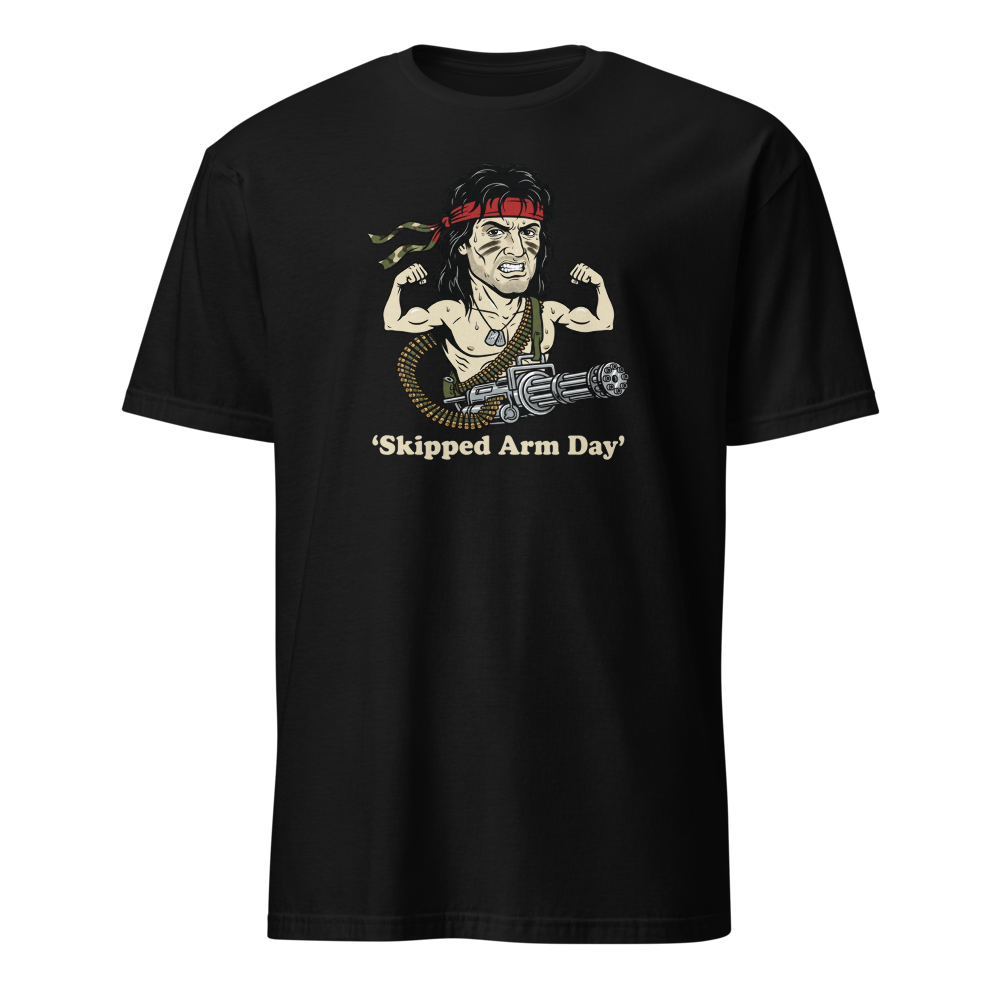 Skipped Arm Day One-Man Army Punk Action Tee — black front view