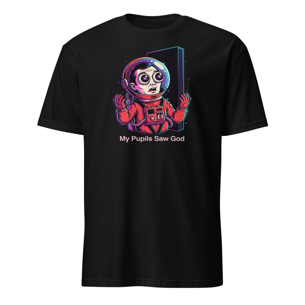 Cosmic Astronaut Monolith Neon Sci-Fi Parody Tee — black front view