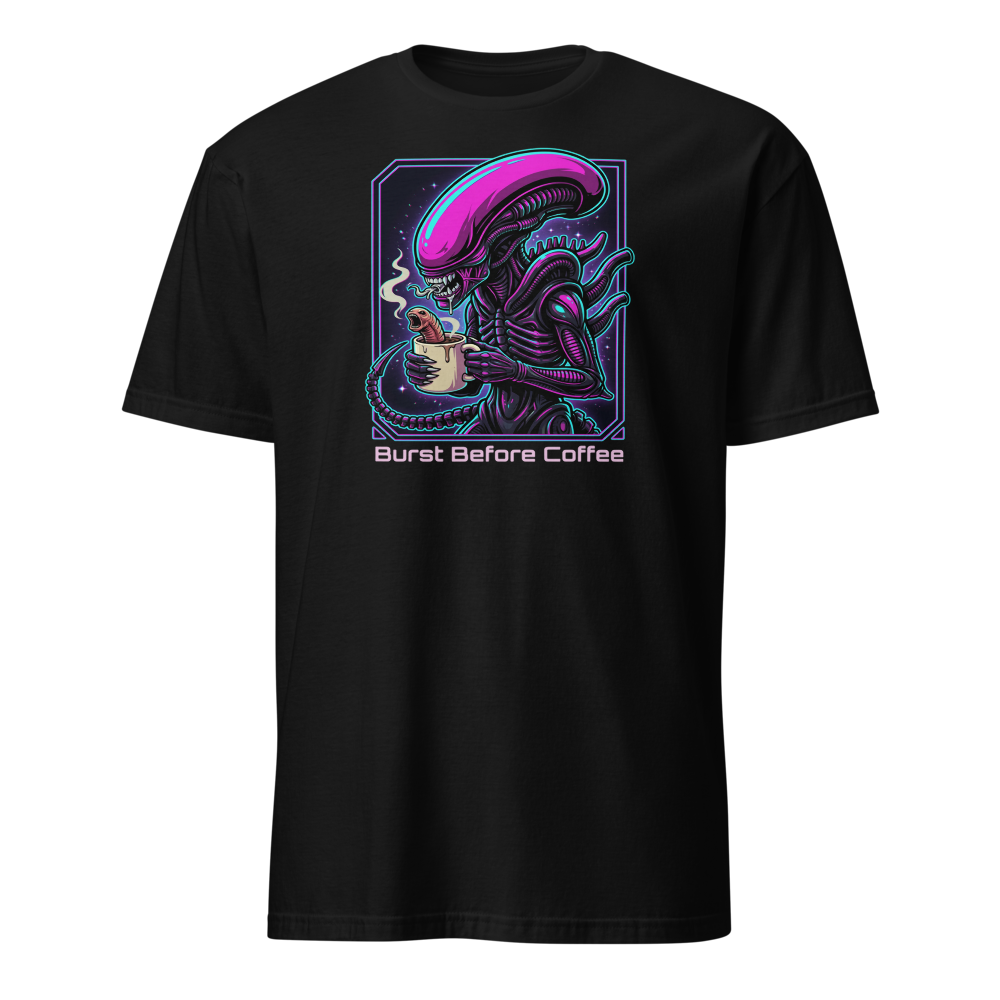 Burst Before Coffee Cyberpunk Alien Horror Tee — black front view