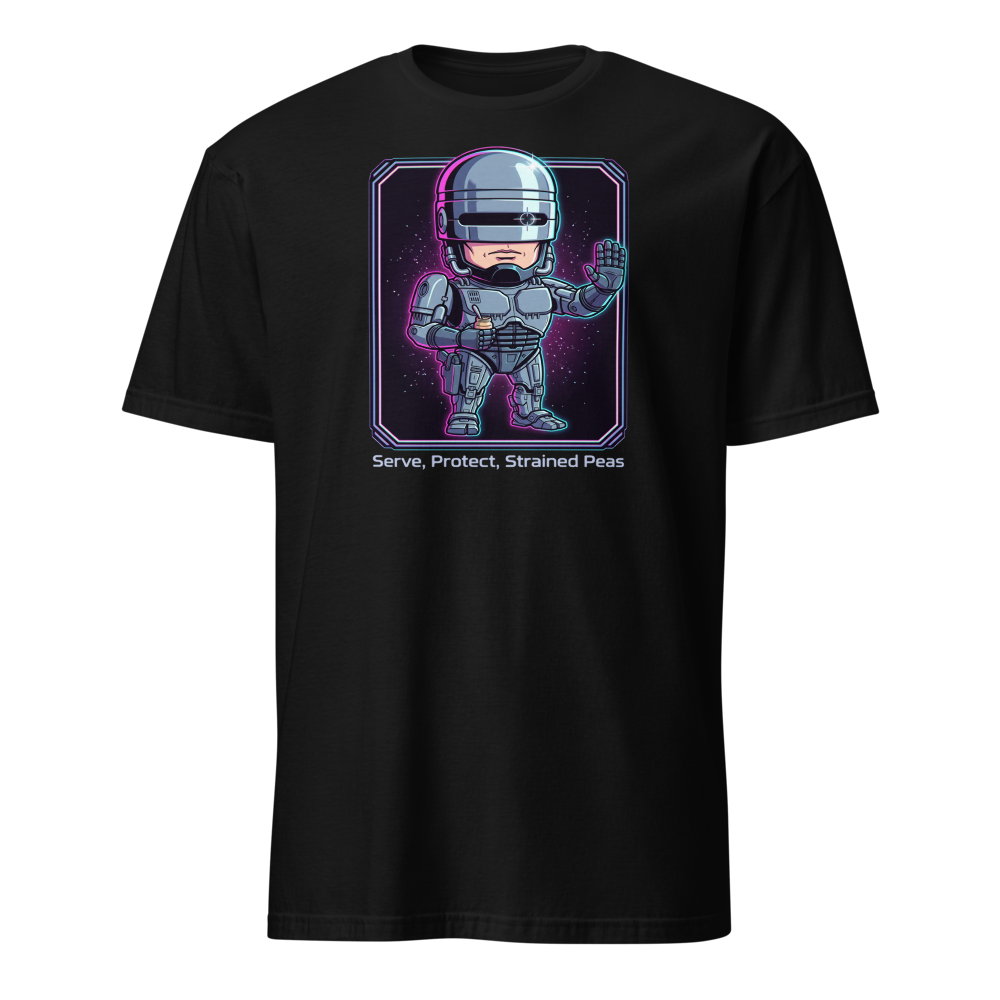 Cyborg Cop Strained Peas Cyberpunk Parody Tee — black front view