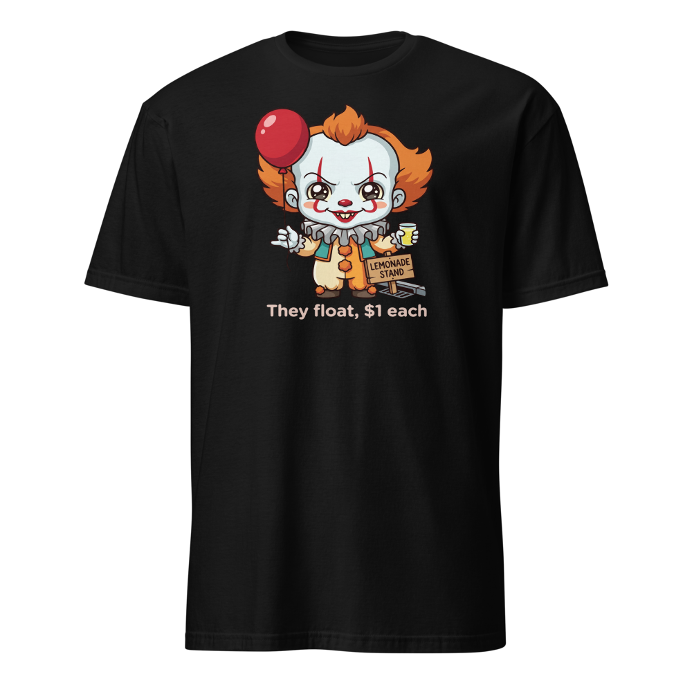 Chibi Creepy Clown Lemonade Stand Horror Parody Tee — black front view