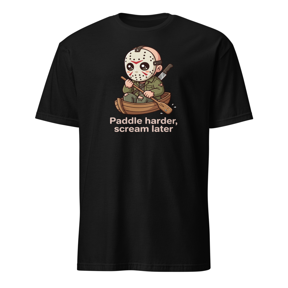 Chibi Slasher Camp Canoe Horror Parody Tee — black front view