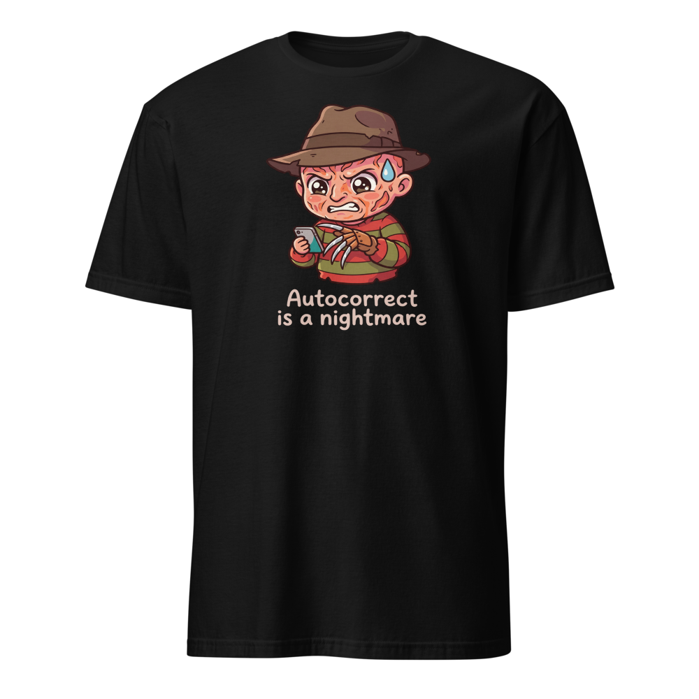 Chibi Slasher Autocorrect Nightmare Horror Parody Tee — black front view