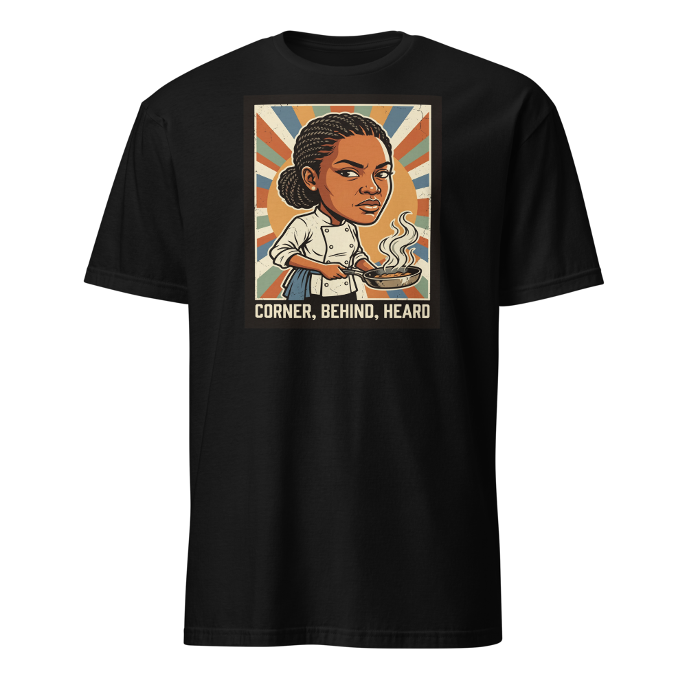 Side-Eye Chef Propaganda Screenprint Kitchen Tee — black front view
