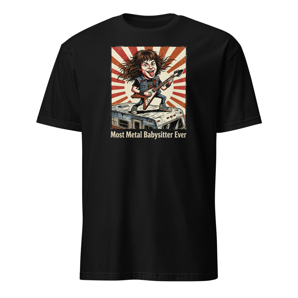 Most Metal Babysitter Ever Flying V Shredder Tee — black front view