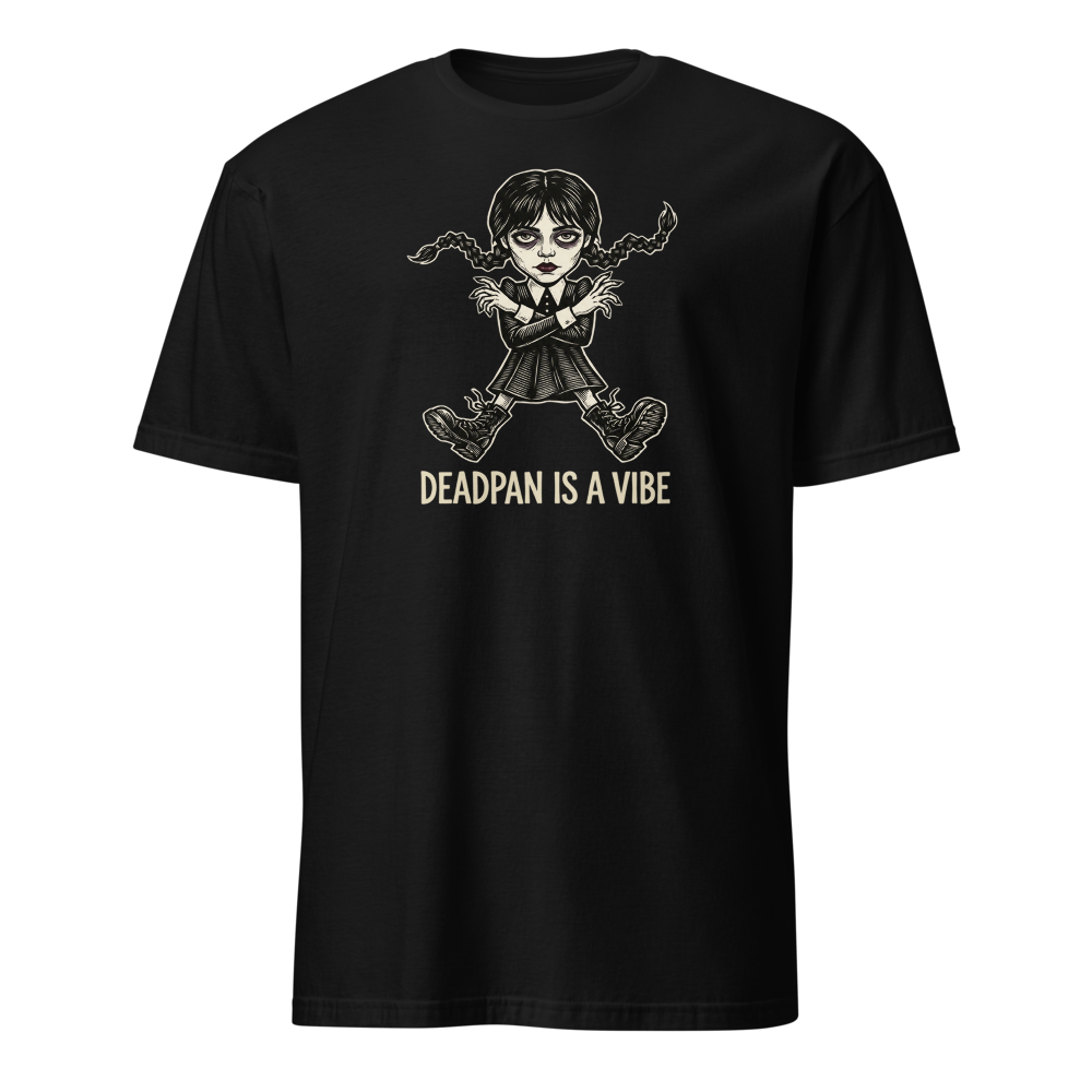 Deadpan Goth Dance Puppet Blackwork Linocut Tee — black front view