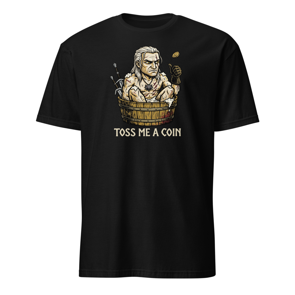 Grumpy Monster Hunter Bathtub Coin Toss Woodcut Tee — black front view