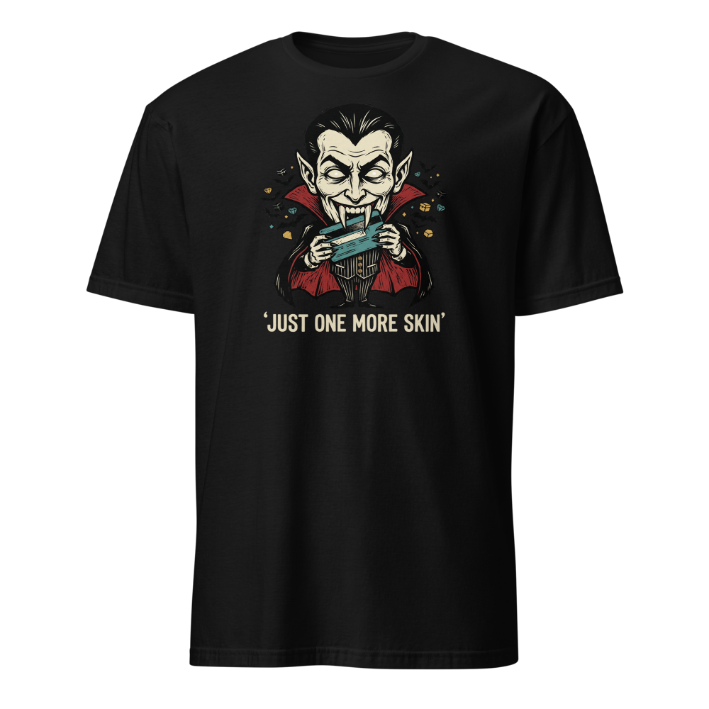 Microtransaction Vampire Woodcut Gaming Meme Tee — black front view