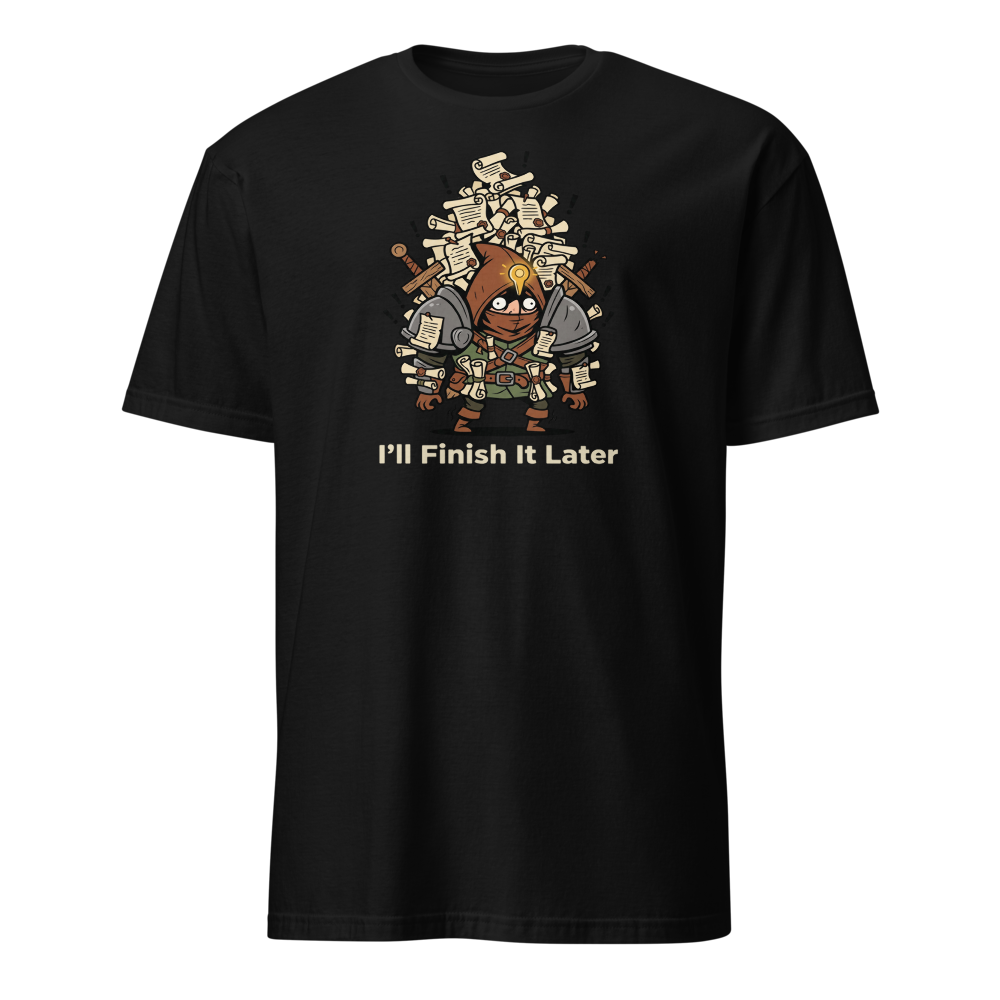 Side Quest Hoarder Retro RPG Gamer Tee — black front view