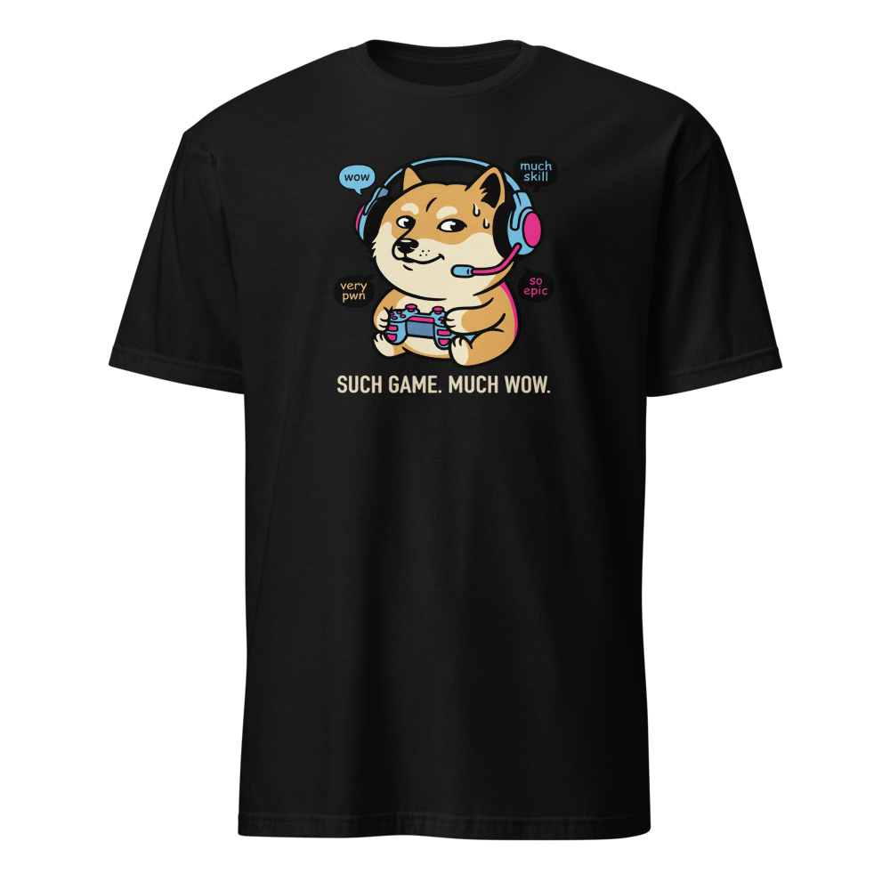 Sweaty Shiba Streamer Such Wow Gaming Meme Tee — black front view