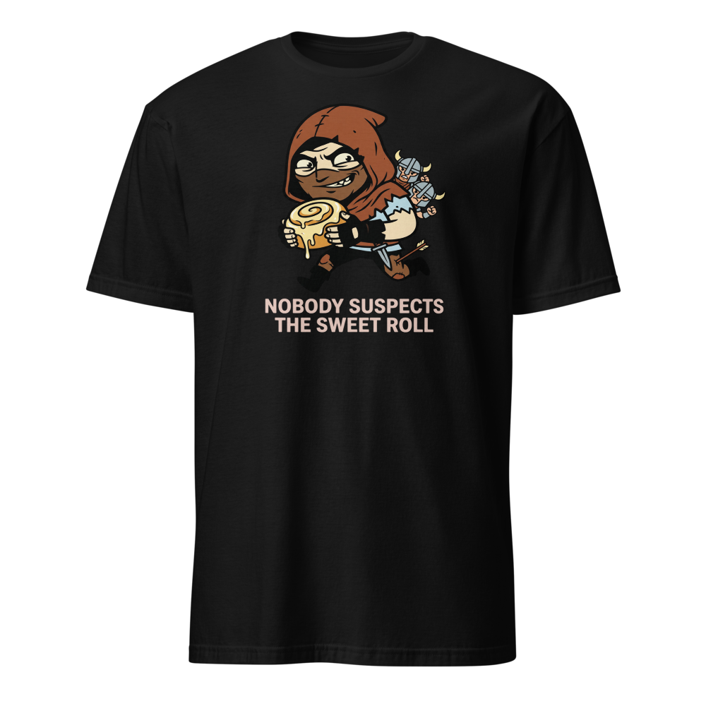 Nobody Suspects The Sweet Roll Retro RPG Thief Tee — black front view