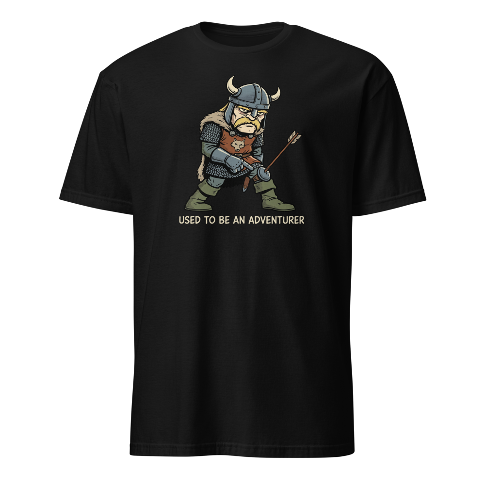 Retired Adventurer City Guard Comic Ink Tee — black front view