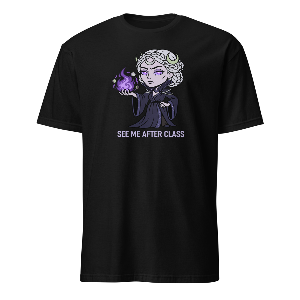 Witch Instructor See Me After Class Spell Tee — black front view
