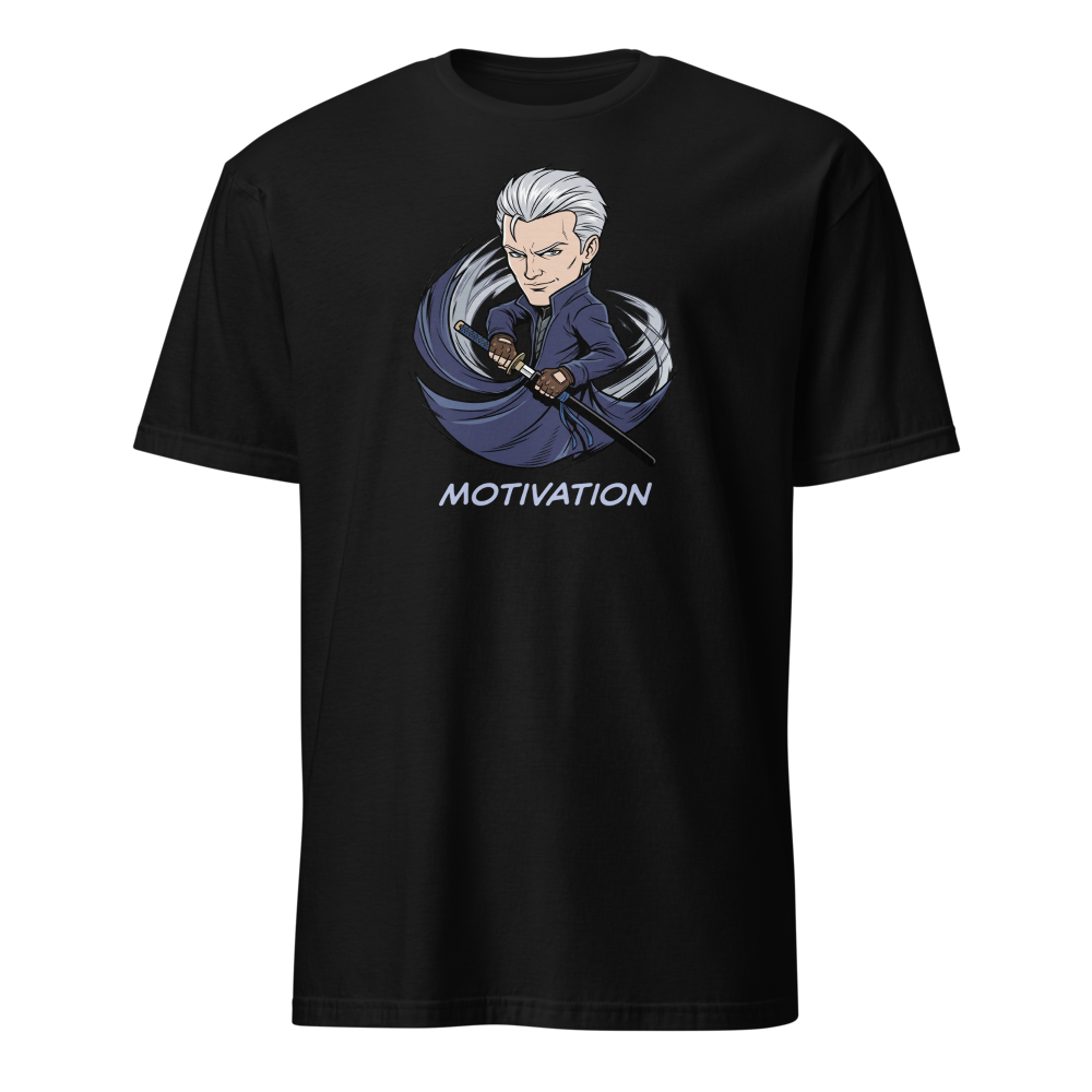 Stoic Swordsman Judgement Slash Motivation Tee — black front view