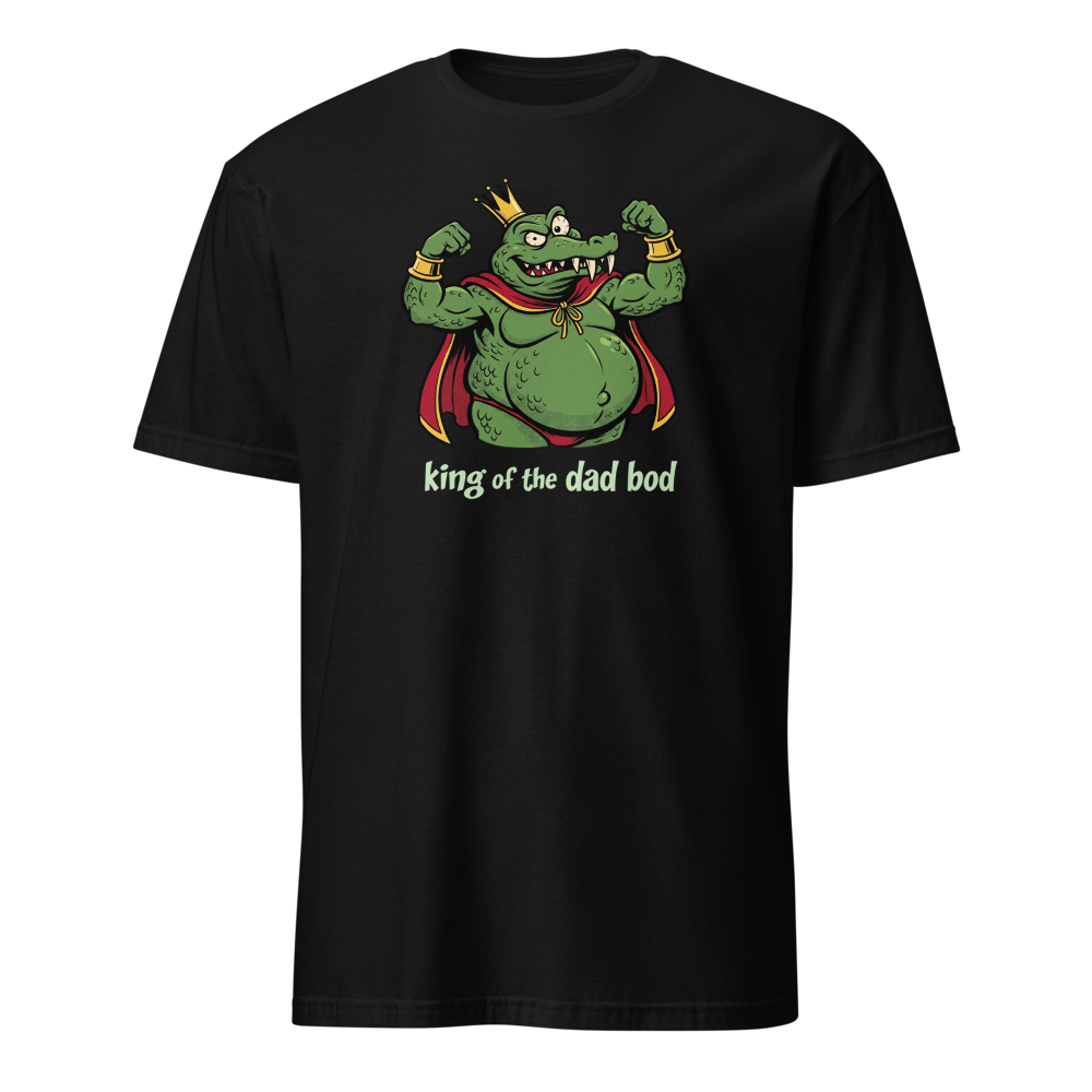King of the Dad Bod Crocodile Pirate Comic Tee — black front view