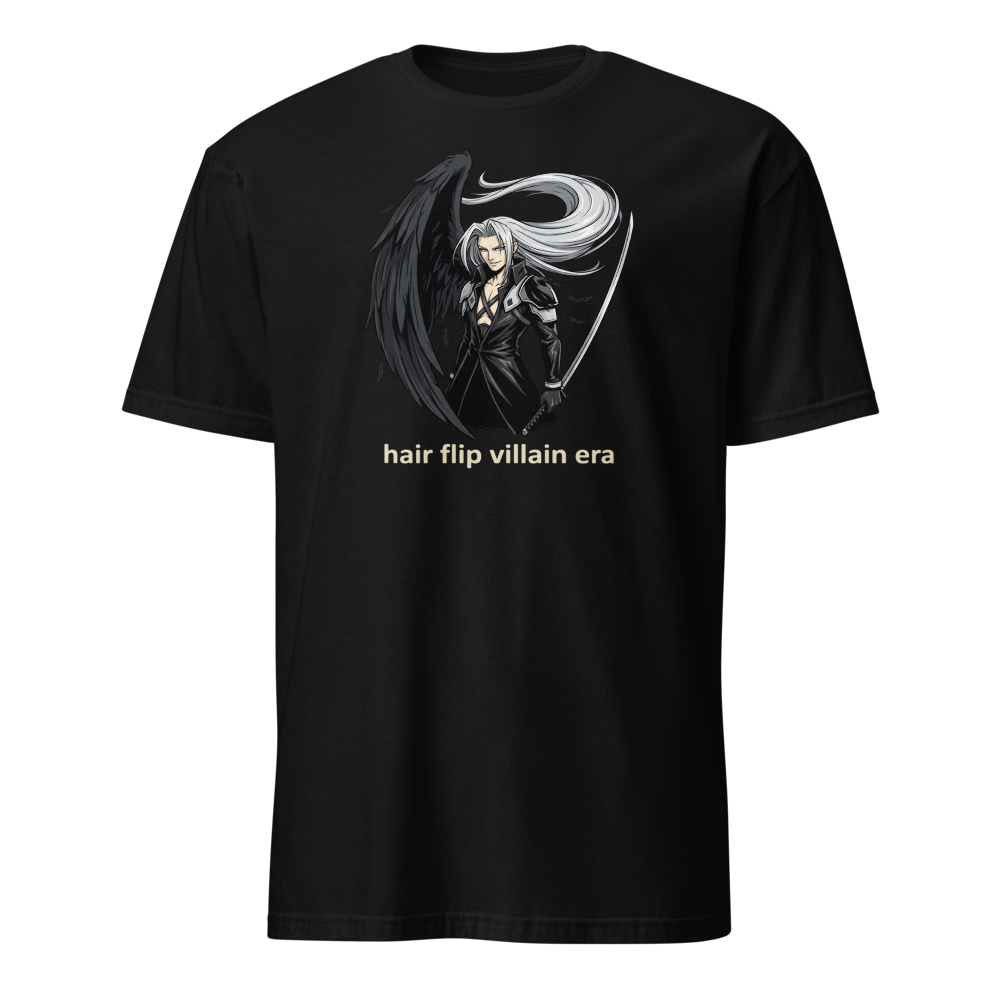 Hair Flip Villain Era Anime Swordsman Tee — black front view