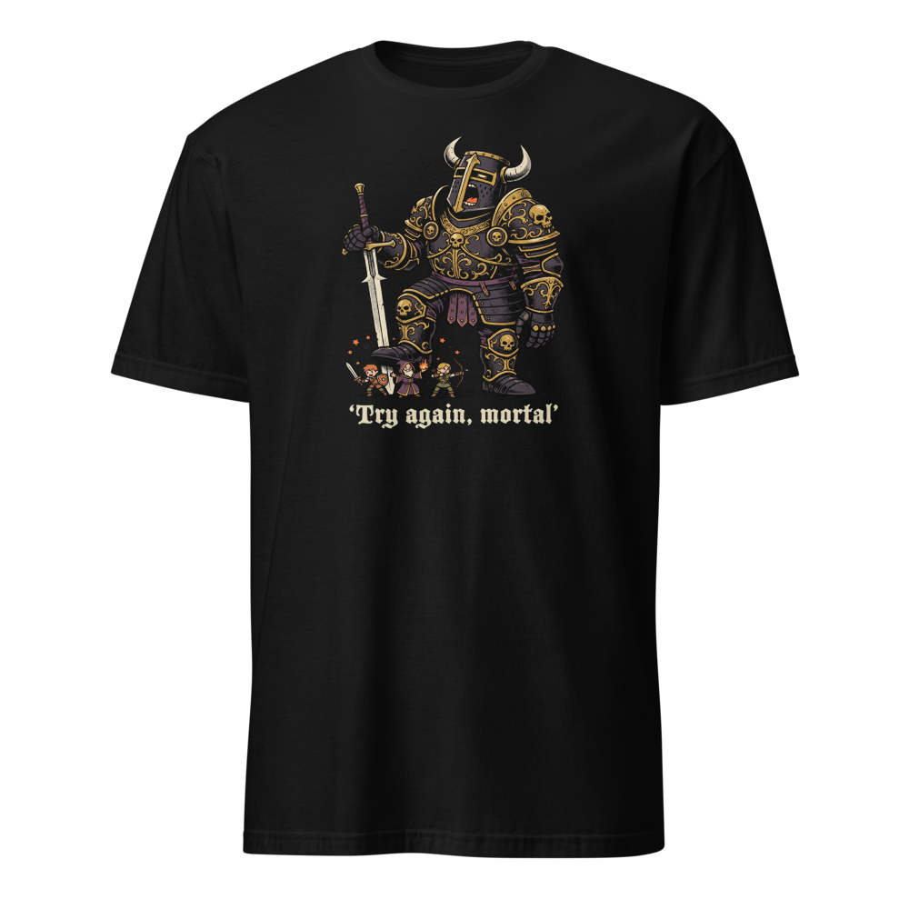 Try Again Mortal Optional Superboss RPG Tee — black front view