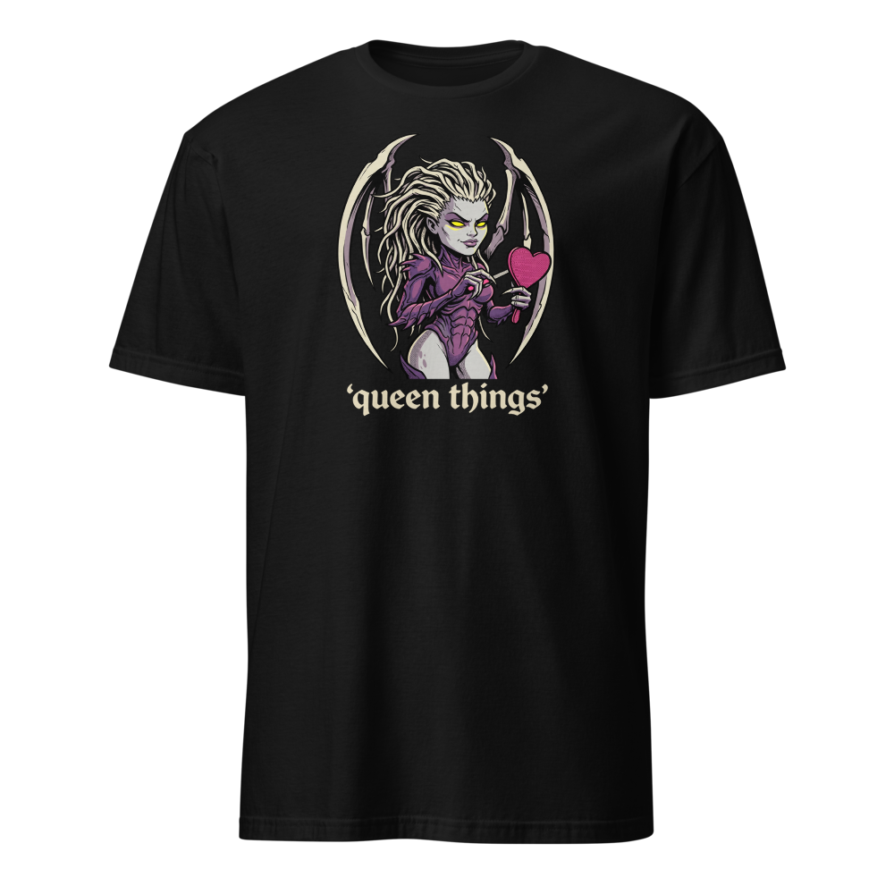 Queen Things Bone-Blade Vanity Boss Comic Ink Tee — black front view