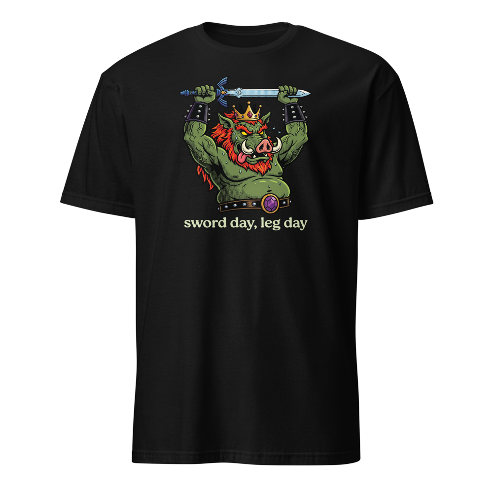 Sword Day Leg Day Boar King Boss Workout Tee — black front view