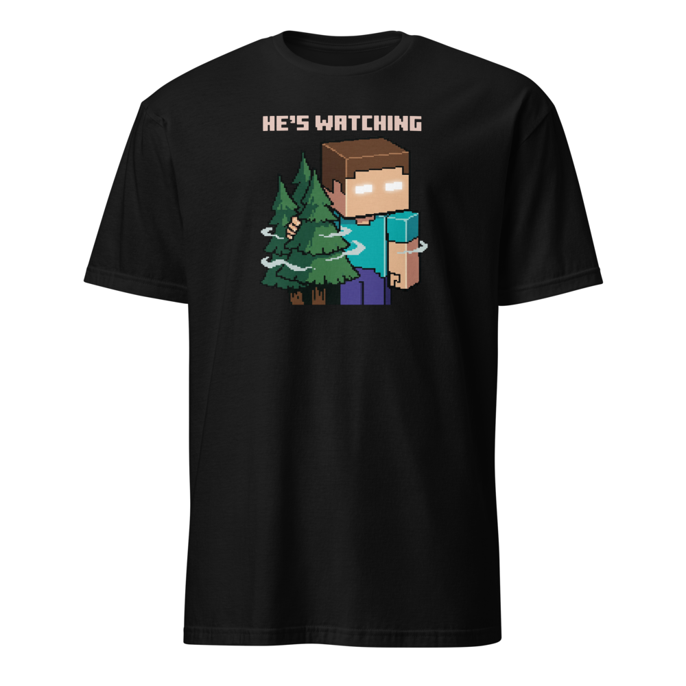 He's Watching Pixel Lurker Retro Sandbox Tee — black front view