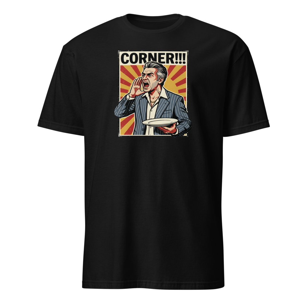 Corner Screaming Waiter Propaganda Fine Dining Tee — Classic Tee — black front view
