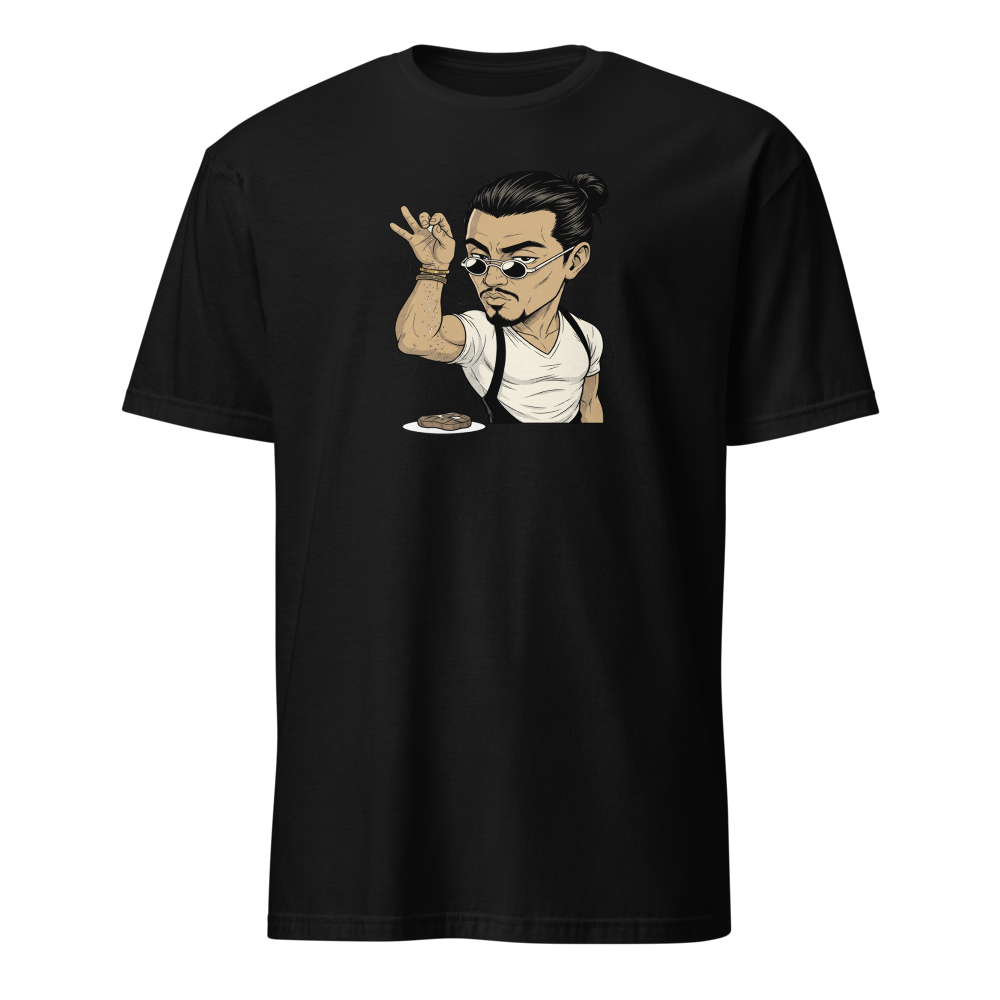 Smug Chef Salt Sprinkle Manga Line Art Meme Tee — black front view