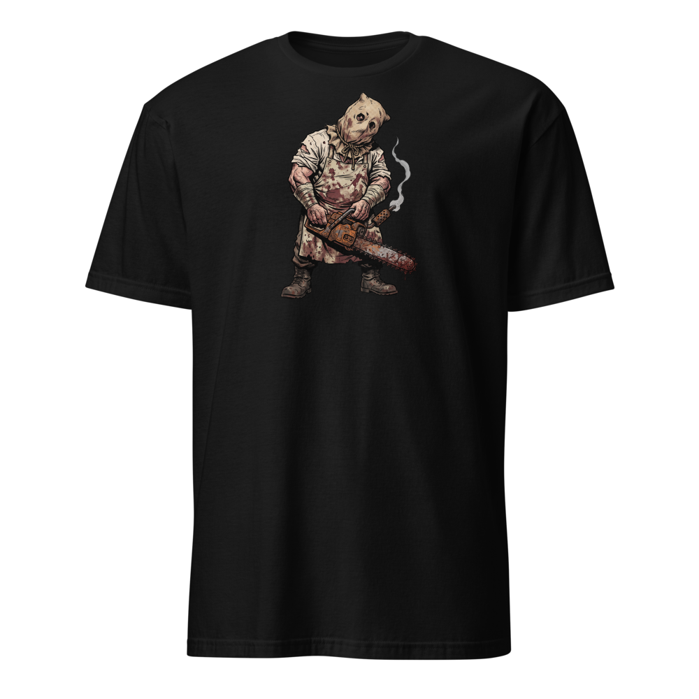 Sack Mask Chainsaw Executioner Horror Tee — black front view