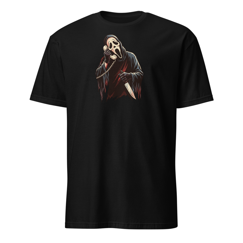 Masked Phone Caller On Hold Halftone Horror Tee — black front view