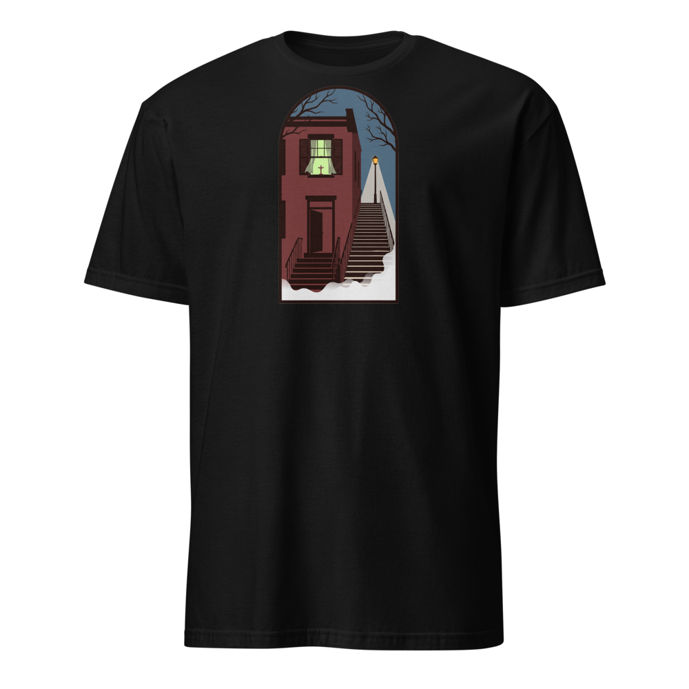 Haunted Row House Stone Stairs Horror Night Tee — Classic Tee — black front view