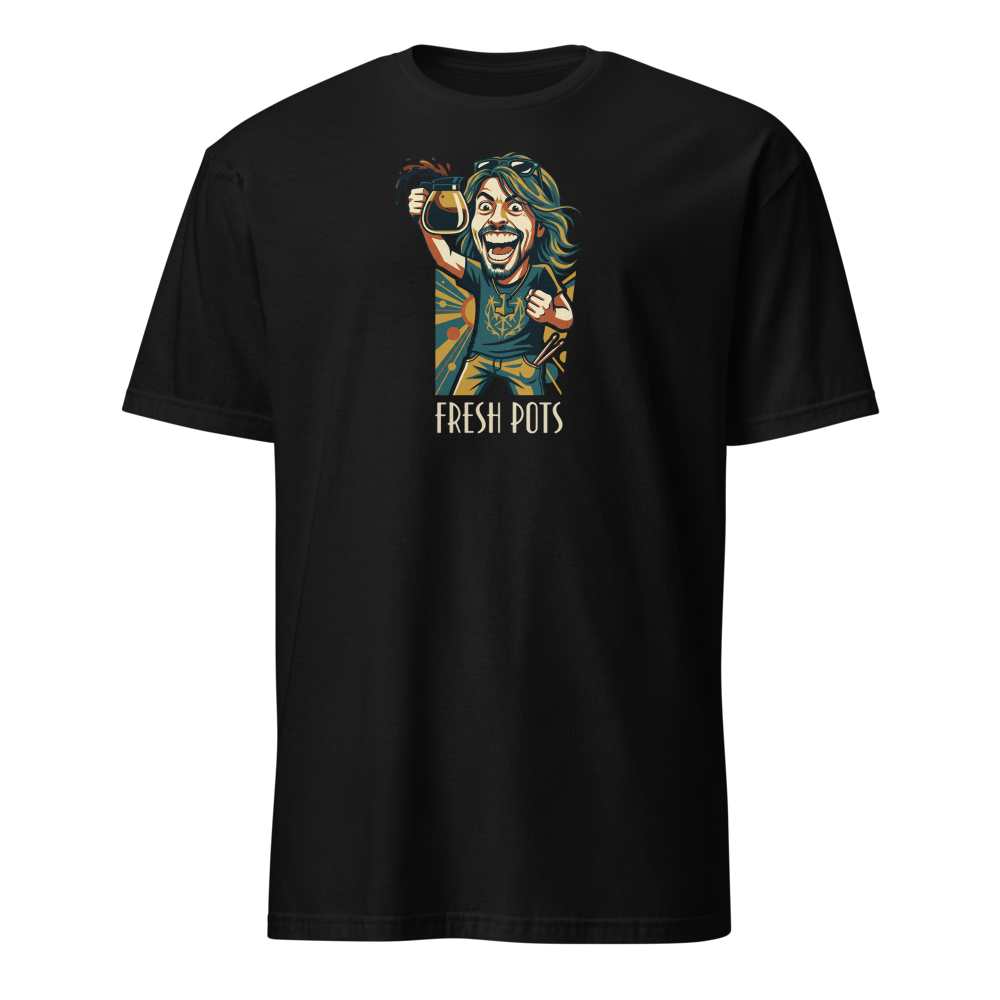 Fresh Pots Coffee Fueled Rock Drummer Art Deco Poster Tee — Classic Tee — black front view