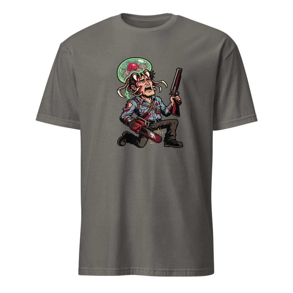 Cabin Horror Survivor vs Space Parasite Pixel Tee — Men's Basic Tee — charcoal front view