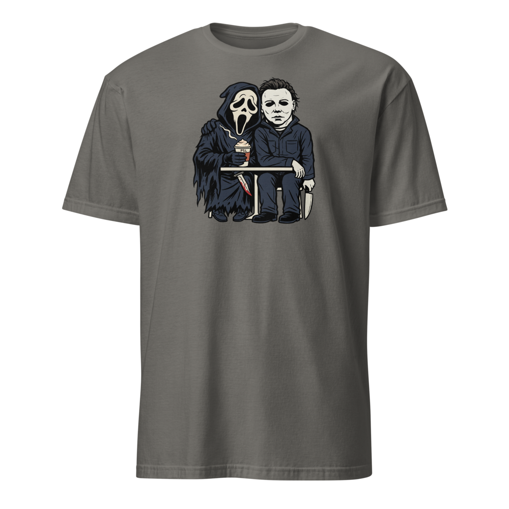 Masked Slashers Pumpkin Spice Latte Horror Tee — Men's Basic Tee — charcoal front view