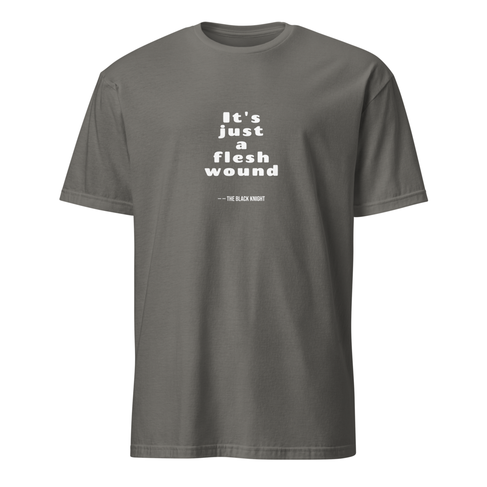 Flesh Wound Cult Comedy Quote Tee — Men's Basic Tee — charcoal front view