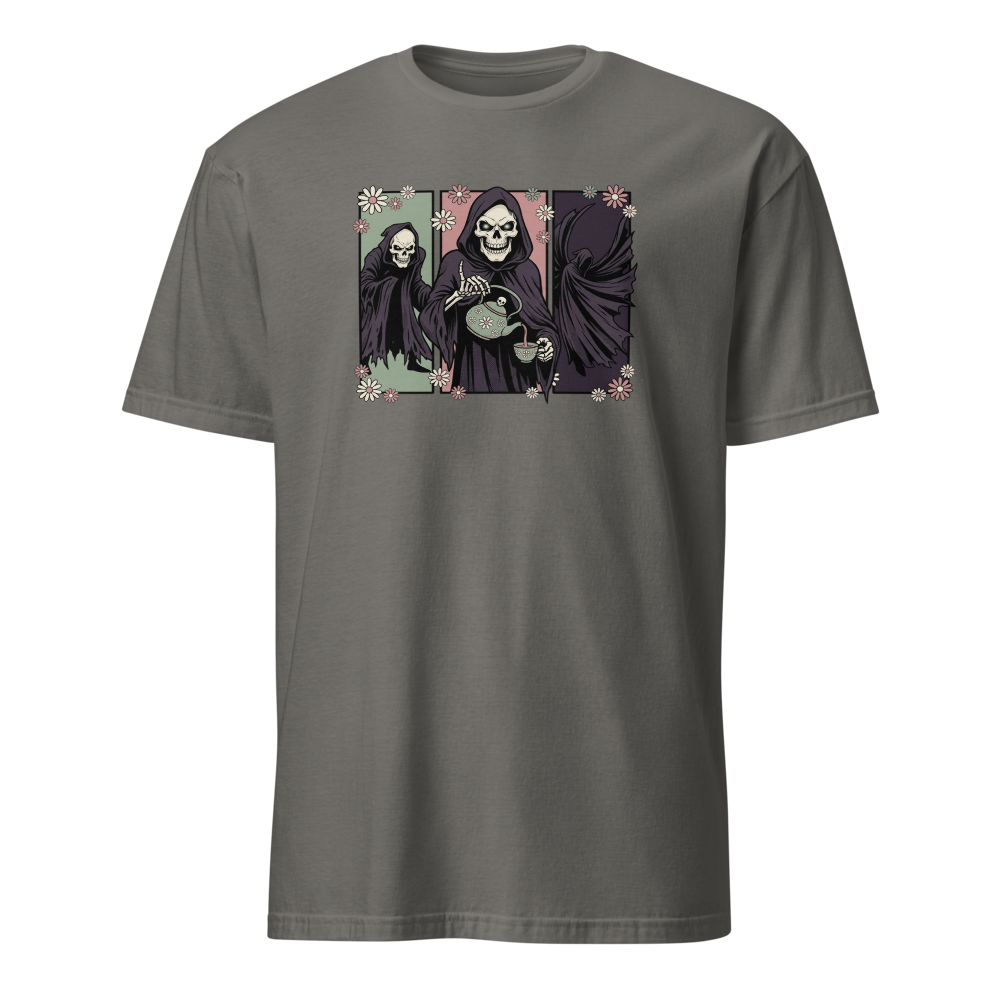 Skull Sorcerer Tea Time Comic Triptych Tee — charcoal front view