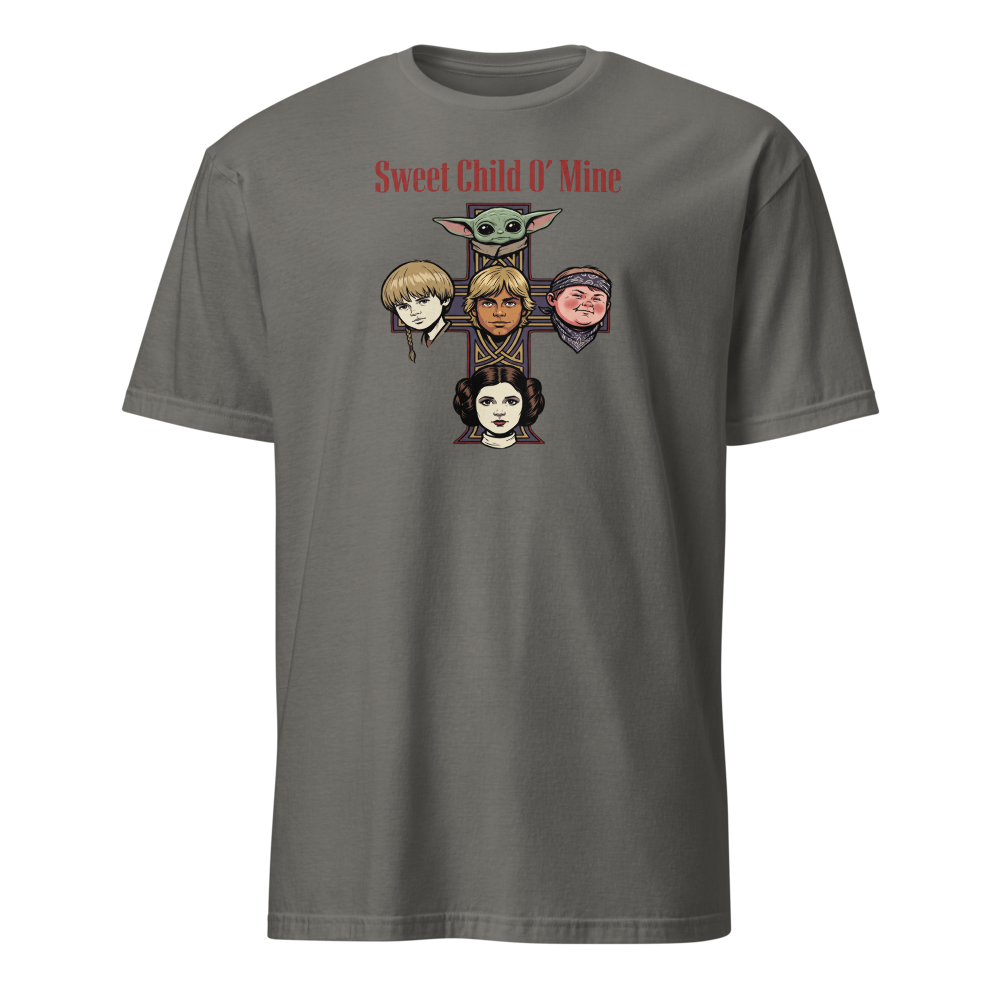 Sweet Child Sci-Fi Rock Cross album Parody Tee — charcoal front view
