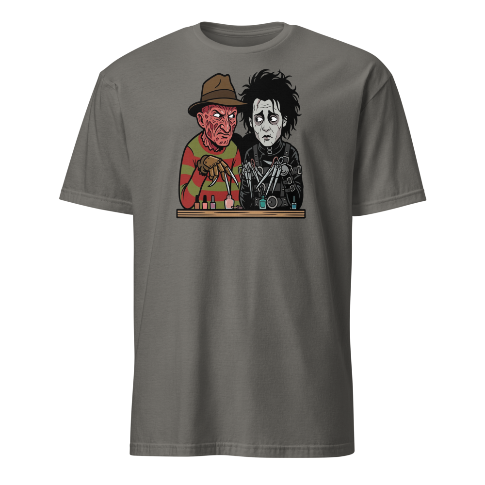 Bladed Villains Nail Salon Side-Eye Horror Tee — Men's Basic Tee — charcoal front view