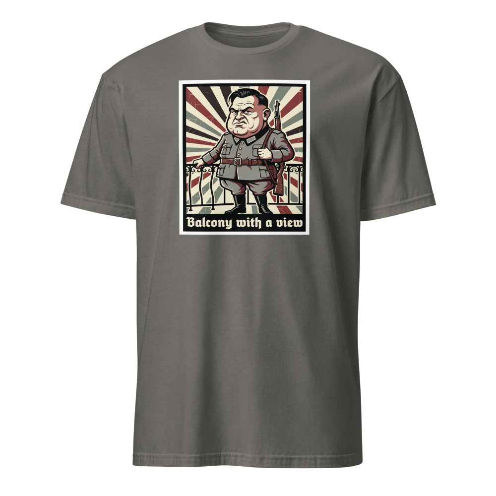 Balcony With A View Propaganda Villain Parody Tee — Men's Basic Tee — charcoal front view