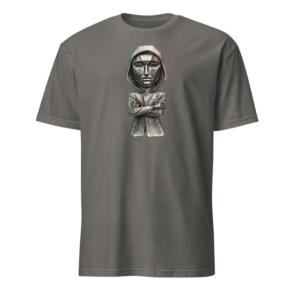 Masked Overseer Hooded Robe Sketch Tee — charcoal front view