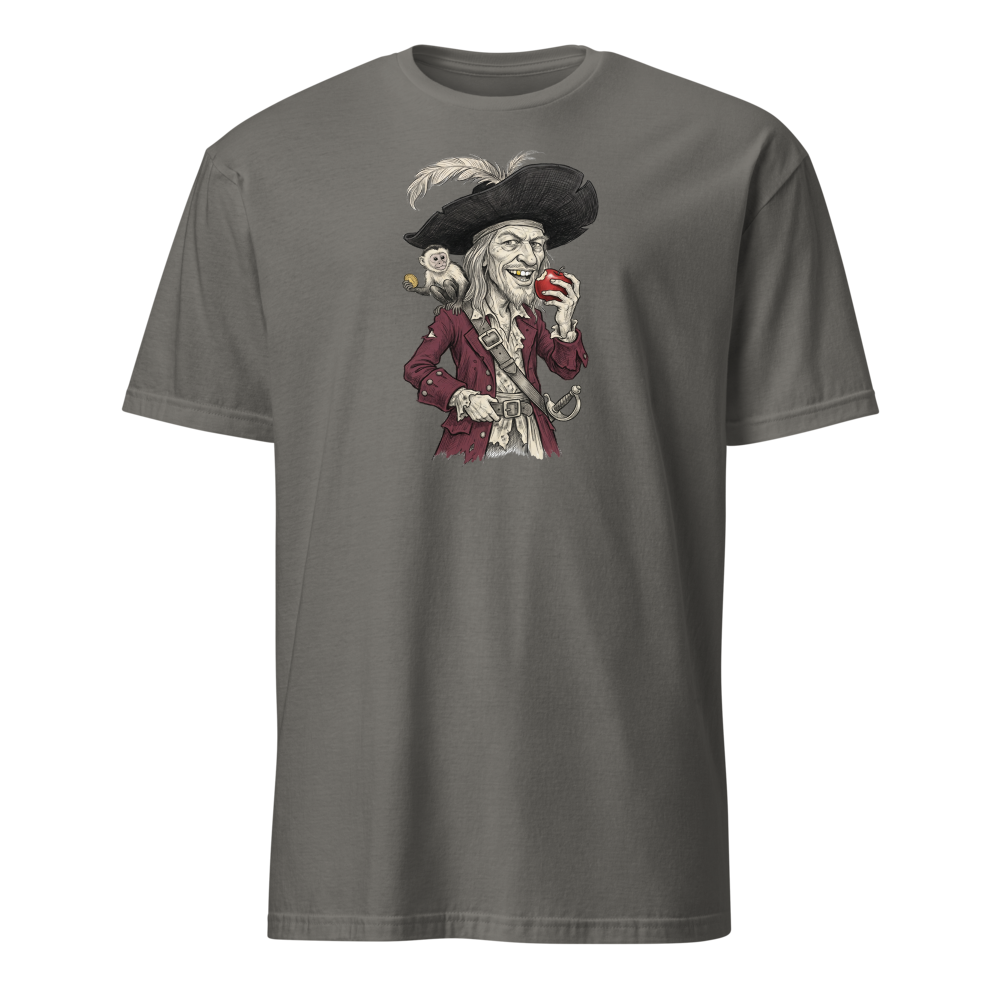Rogue Pirate Captain Sketch Caricature Tee — charcoal front view