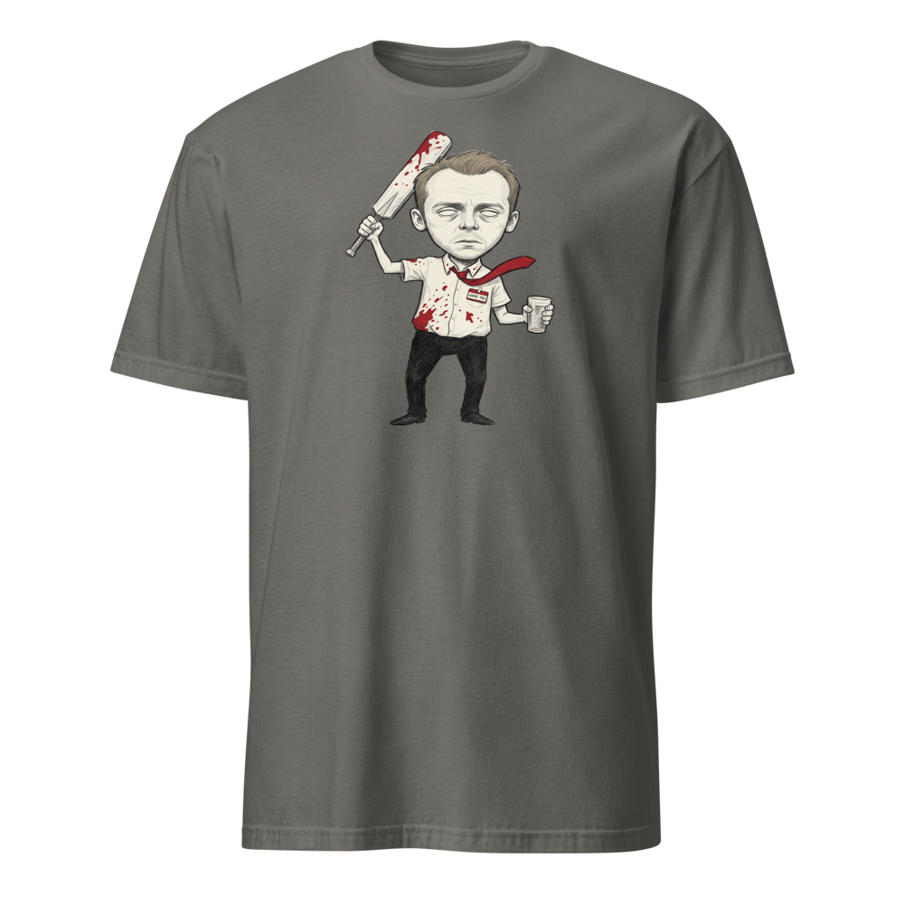 Deadpan Pub Hero Cricket Bat Zombie Sketch Tee — charcoal front view