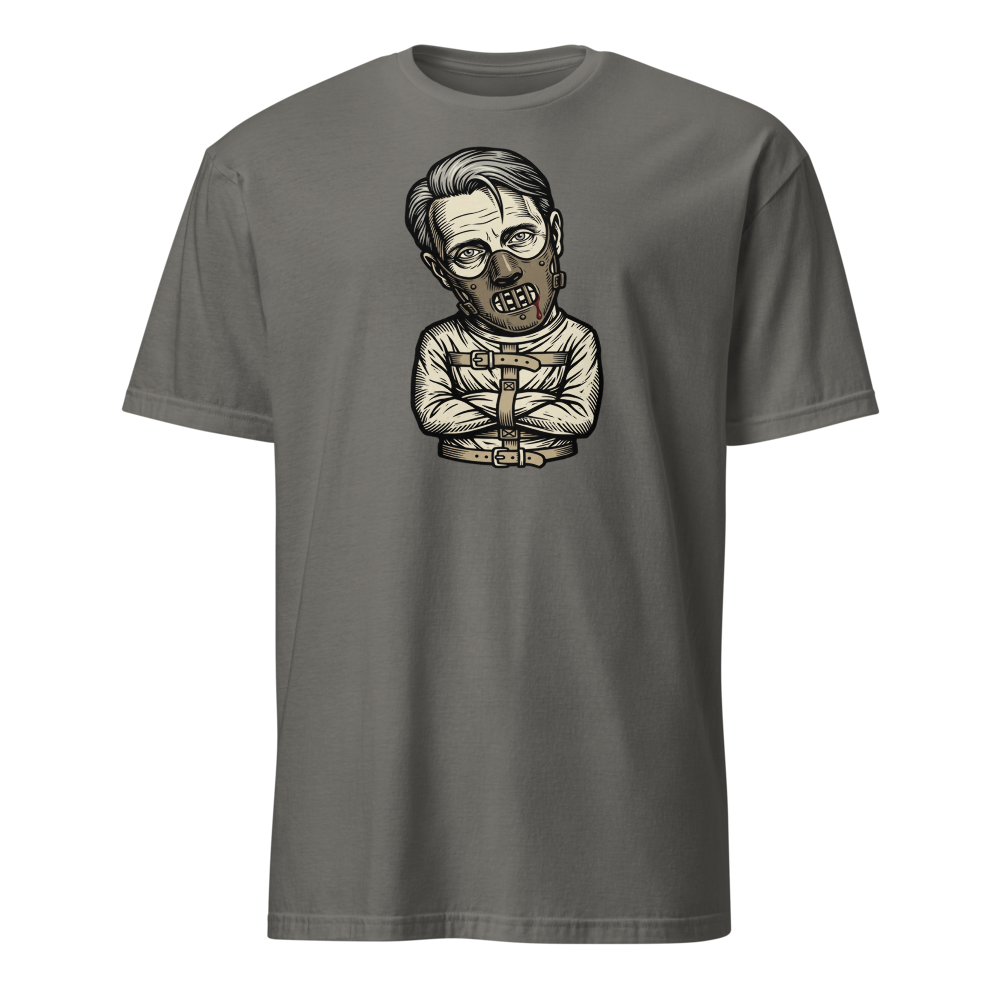 Polite Cannibal Muzzle Mask Linocut Horror Tee — charcoal front view