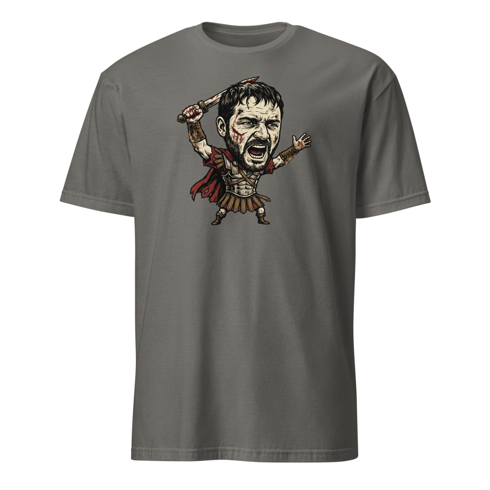 Arena Champion Woodcut Roman Warrior Roar Tee — charcoal front view